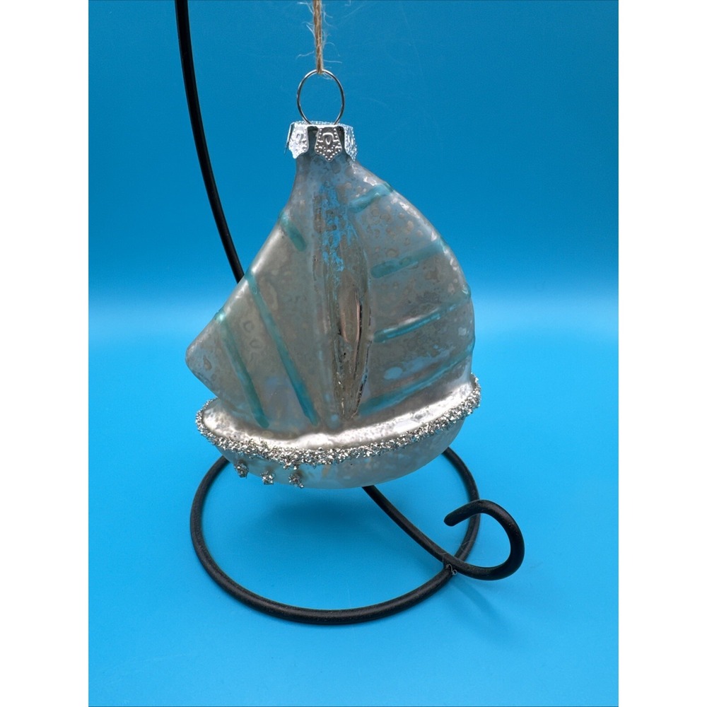 Pottery Barn Sailboat Christmas Tree Ornament Nautcial Coastal Glass‎ Decor Kids